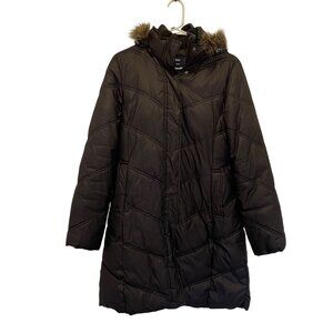 Gap Womens Black Quilted Puffer Coat Detachable Faux Fur Hood Size S mid length